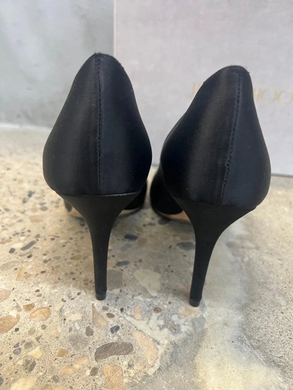 Jimmy Choo Black Satin Pointed Toe Pumps with Crystal Bow - Picture 3 of 6